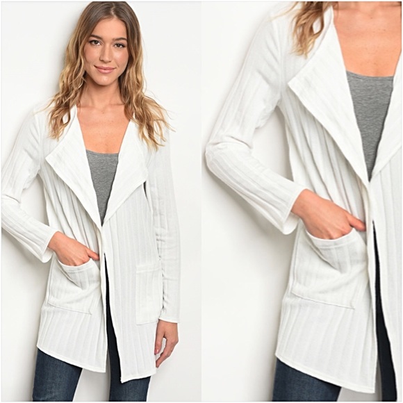 Chic White Cardigan Sweater Pockets L XL - Picture 2 of 4